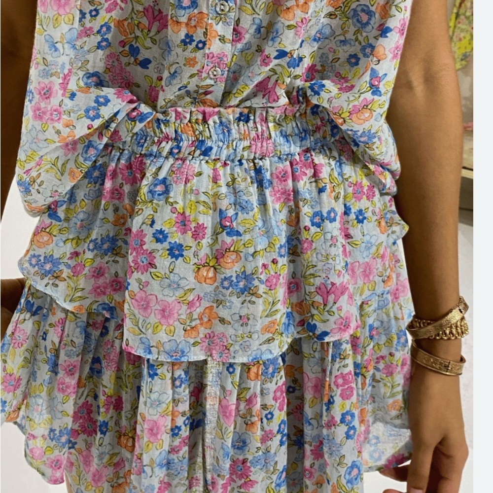 LoveShackFancy Pink and Blue Smocked Bubble Midi Skirt